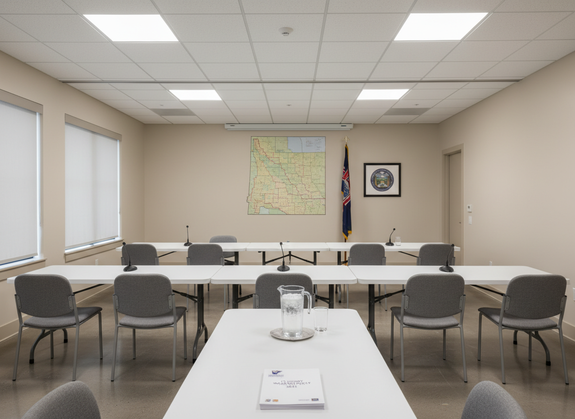 Inside a clean, modern Utah community meeting room, empty of people, arranged as if ready for a local policy discussion. A row of simple, padded chairs faces a long table at the front, where a neat stack of printed policy briefs, a glass pitcher of water, and a pair of microphones sit arranged with precision. On the wall behind the table, a large, detailed map of Utah is mounted beside a framed Utah state flag. Soft, diffused overhead lighting illuminates the space evenly, creating minimal shadows and a professional, neutral tone. Captured from the back of the room at a slightly elevated angle, the composition leads the eye toward the front table, evoking readiness, transparency, and civic engagement.