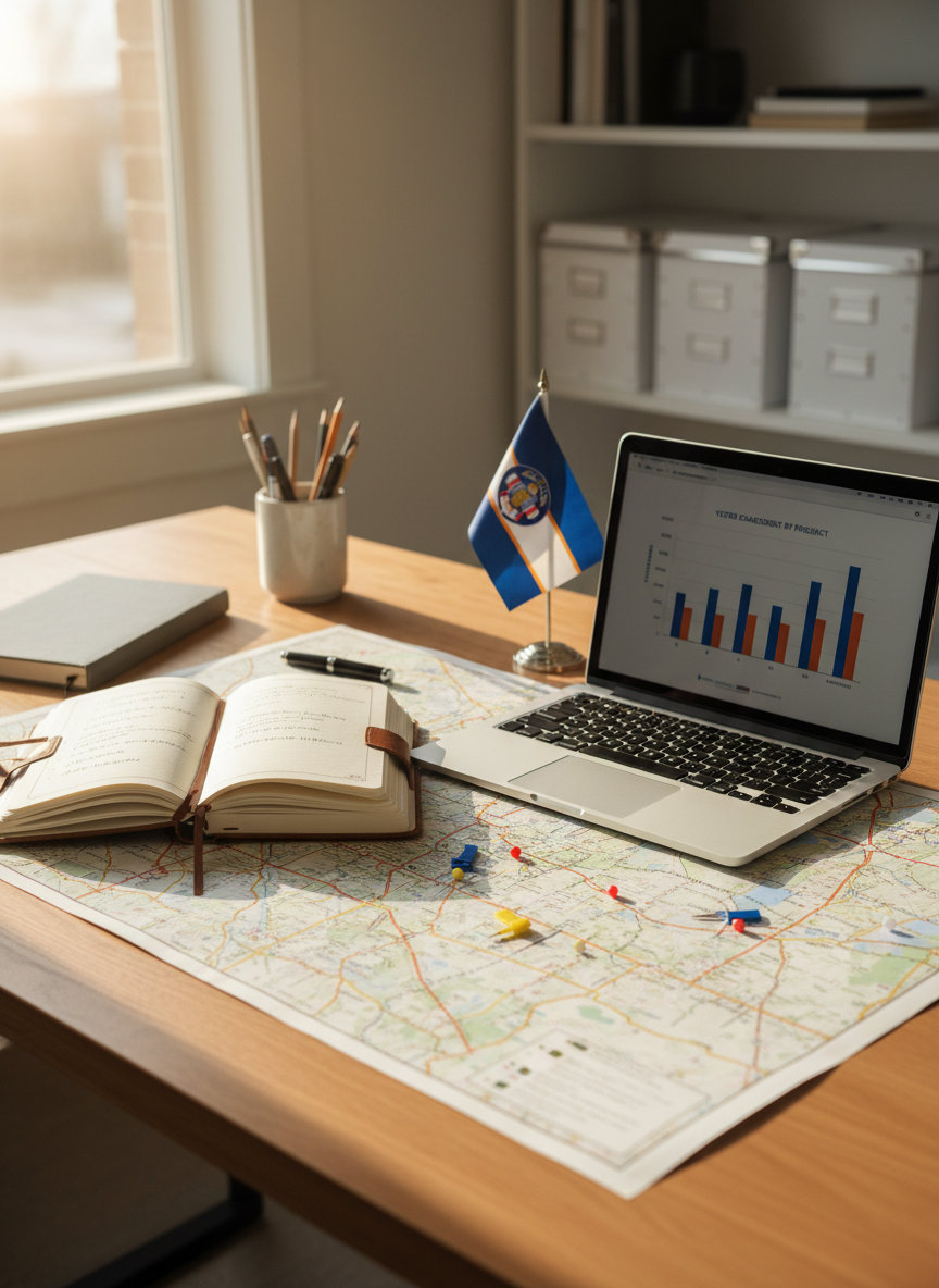 A meticulously arranged wooden desk in a bright, modern home office, symbolizing a focused Utah legislative campaign headquarters, with no people present. A large, crisp printed map of Utah’s House District 12 is spread neatly across the desk, dotted with color-coded pins and highlighting local roads, neighborhoods, and landmarks. Beside it sit an open leather notebook with handwritten policy notes, a sleek laptop showing a clean data chart, and a small Utah state flag in a metal stand. Soft natural light pours in from a side window, creating gentle reflections on the laptop and subtle shadows from pens and paper. Shot from a slightly elevated angle with shallow depth of field, the background shelves and filing boxes blur softly, emphasizing organization, strategy, and professional preparation.