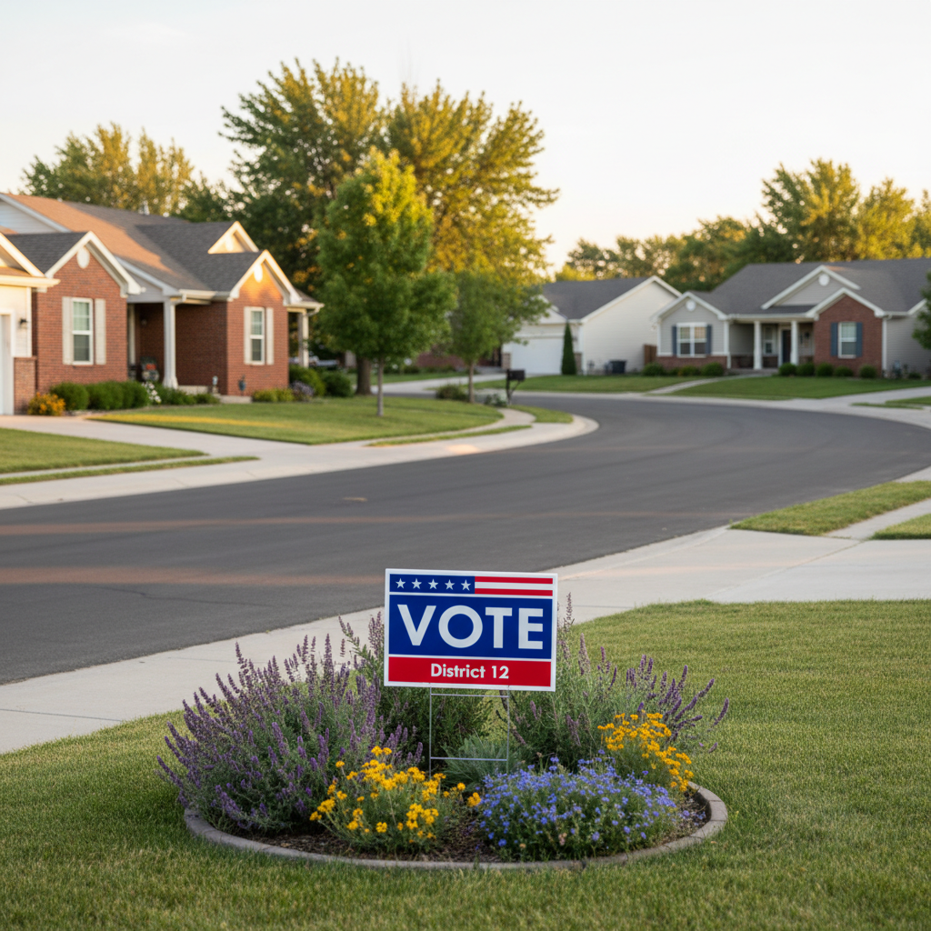 A serene suburban Utah neighborhood street within District 12, depicted in photographic realism, completely free of people. Modest single-family homes with well-kept lawns, a mix of brick and light siding, and mature trees line a gently curving road. In the foreground, a close-up of a tidy front yard features a small garden bed with native plants and a clearly visible "Vote" yard sign designed in patriotic red, white, and blue, but without any candidate name. Early evening golden-hour light casts warm tones across the houses and long, soft shadows on the pavement. The camera is set at eye level with a slight depth-of-field effect that keeps the sign sharp while subtly blurring the background, creating a hopeful, community-centered, and forward-looking mood.