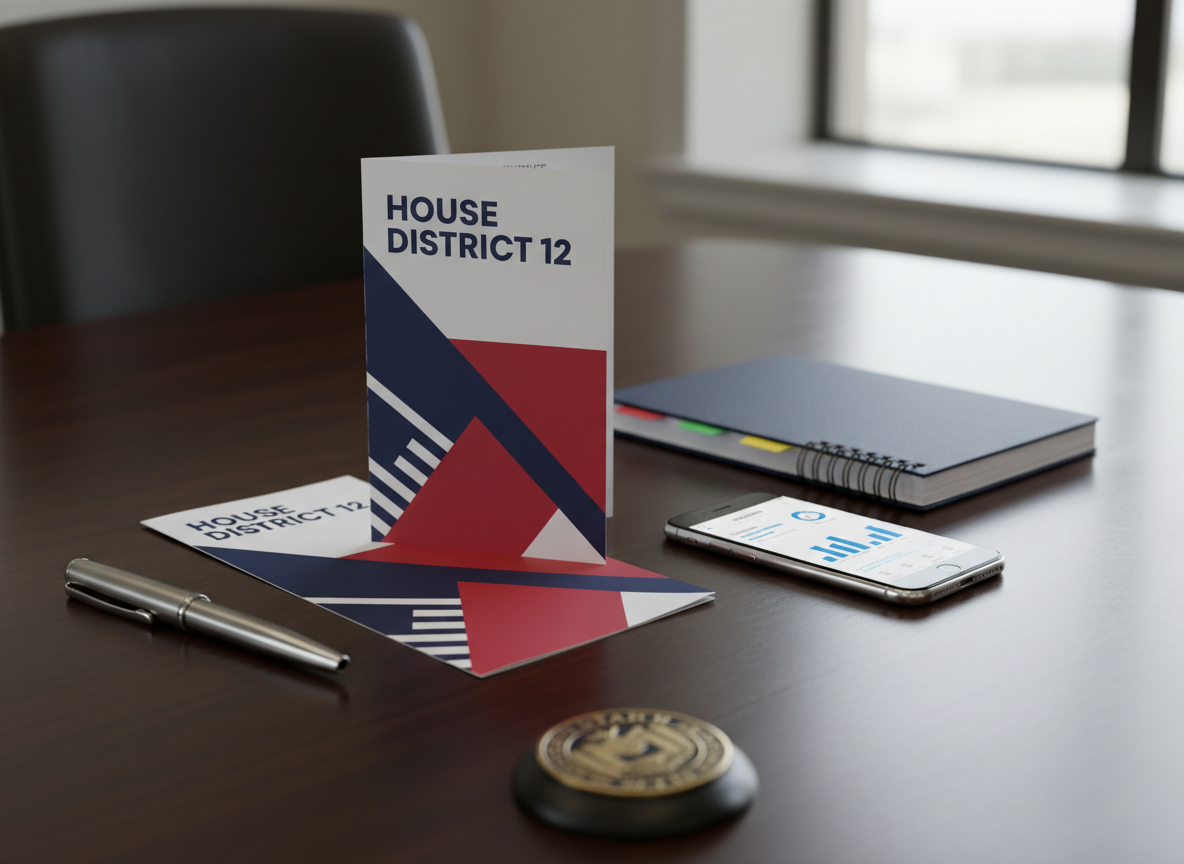 A close-up, photographic realism shot of a carefully arranged set of campaign materials on a dark wood conference table, with no people present. Centered is a blank, professionally designed campaign brochure in red, navy, and white, folded neatly, with "House District 12" prominently visible but no name. Surrounding it are a polished silver pen, a spiral-bound policy notebook with colored tabs, a smartphone displaying a clean analytics dashboard, and a small enamel Utah state seal paperweight. Soft window light from the right creates gentle highlights on the glossy brochure and pen, with subtle shadows adding depth. The camera angle is slightly above and to the side, using shallow depth of field to keep the central brochure in sharp focus while the table edges fade into a soft blur, suggesting disciplined planning and modern, data-informed leadership.